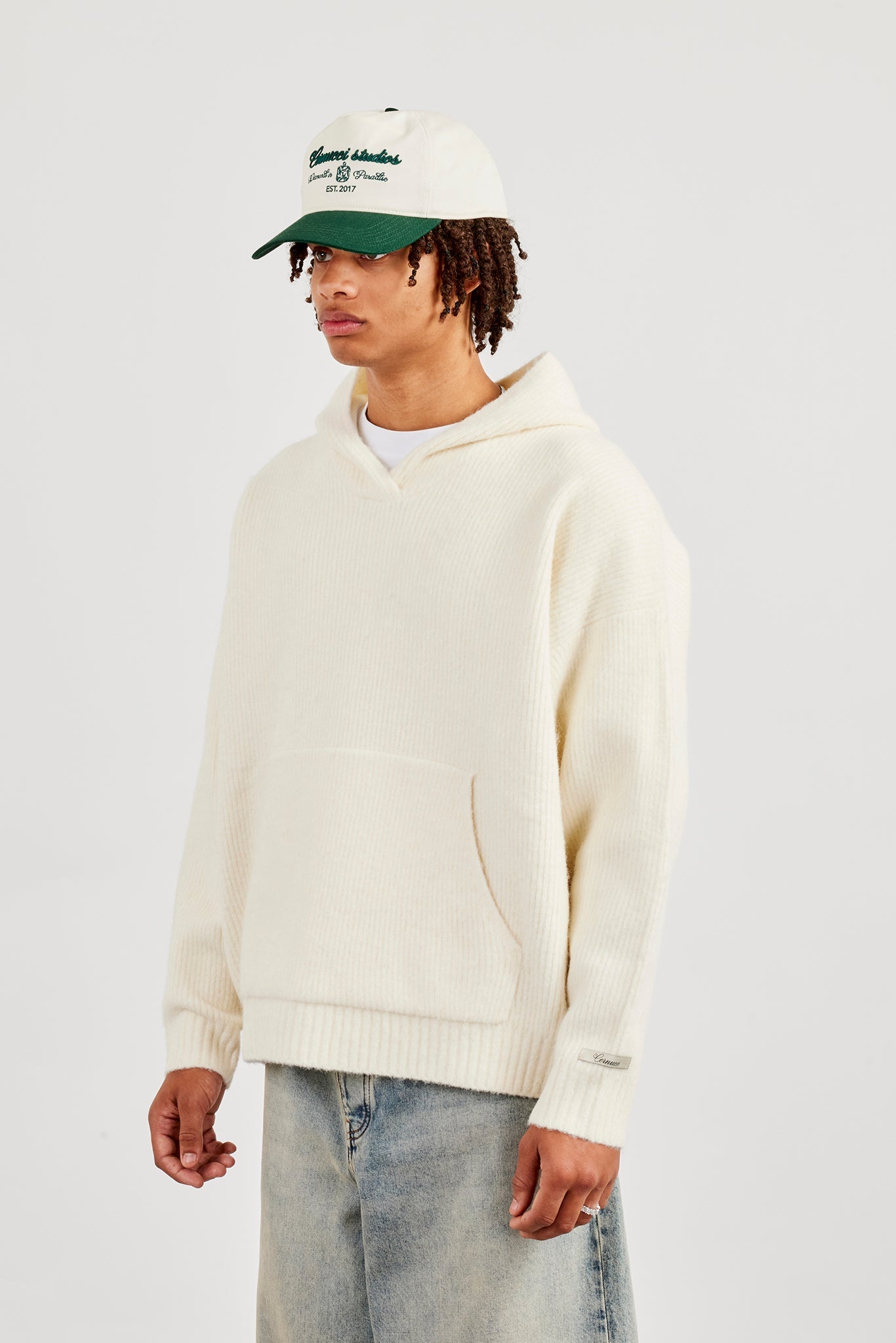Knitted V Neck Hoodie - Off White